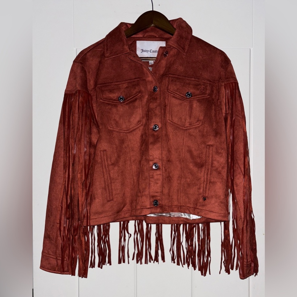 Juicy Couture Rust Faux Suede Fringe Jacket NWT L Western Boho Trucker Style